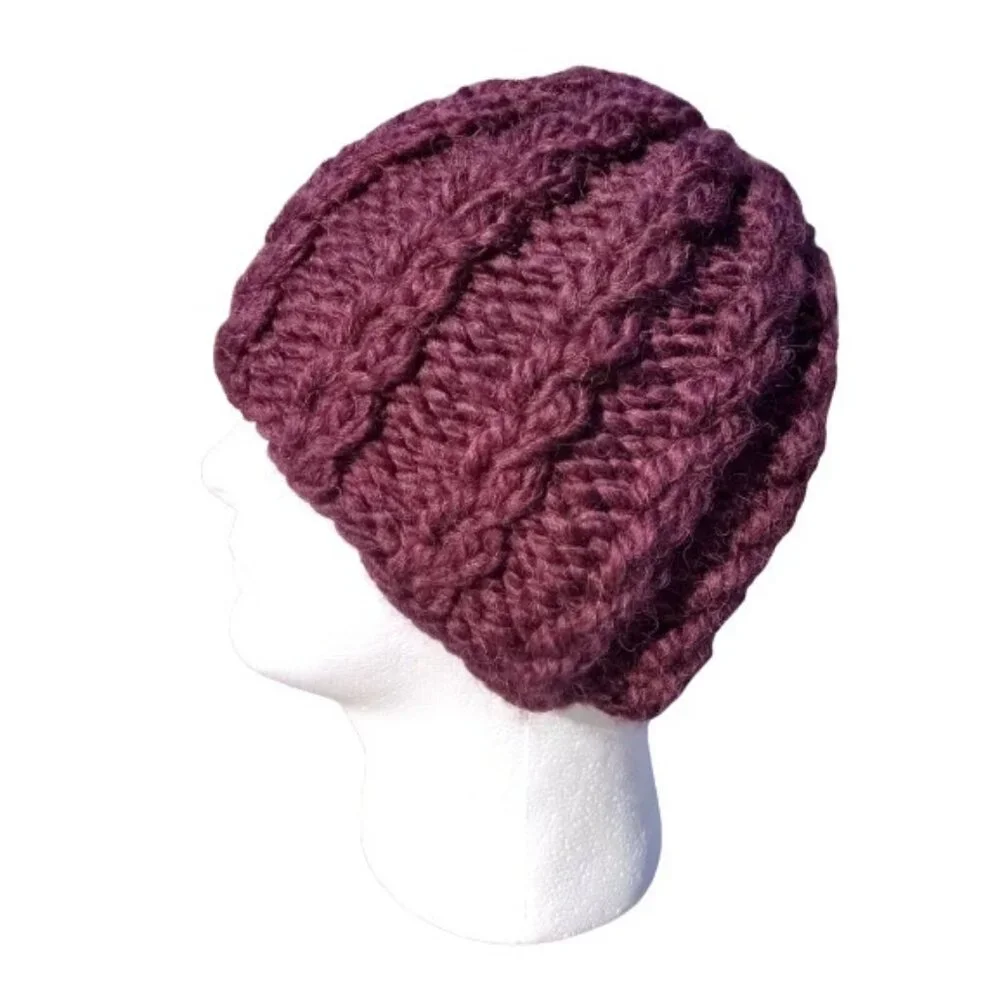 Womens Chunky Alpaca Beanie Skully Hat Handmade Knit Unisex Burgundy Men Red M/L - Picture 1 of 9
